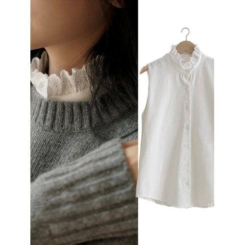 白色襯衫女背心無袖上衣打底衫內搭荷葉領曡穿假領子襯衣花邊