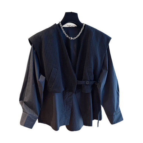 大碼春秋裝慵懶風高級感超好看襯衫女2026新款黑色寬鬆假兩件上衣