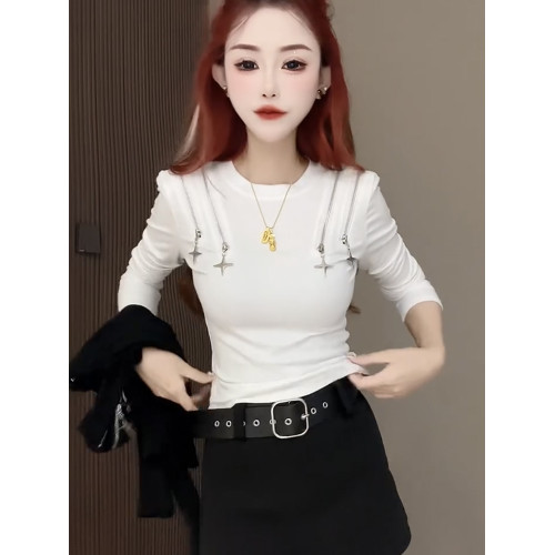 高級感拉鍊長袖T恤女春秋2025新款百搭設計感氣質圓領顯瘦上衣潮