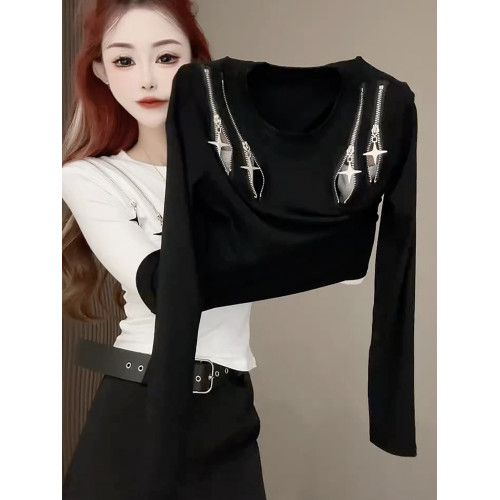 高級感拉鍊長袖T恤女春秋2025新款百搭設計感氣質圓領顯瘦上衣潮