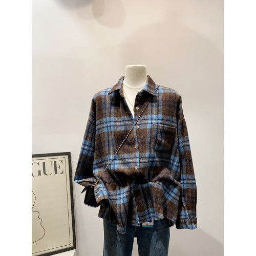 怎麽搭都好看~日系文藝感單口袋磨毛格子襯衫女秋冬款慵懶感上衣