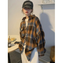 磨毛藍色格子襯衫女秋美式復古小個子長袖上衣外套學生中長款襯衣