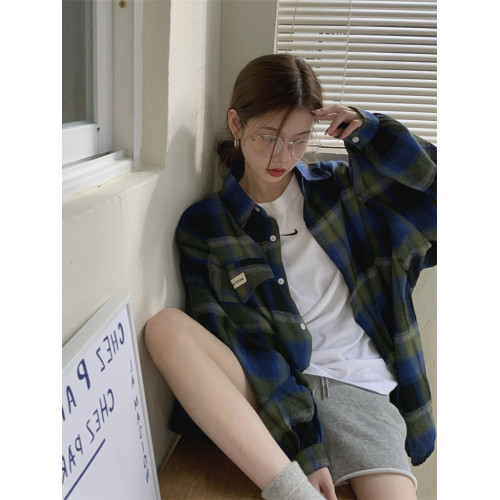 磨毛藍色格子襯衫女秋美式復古小個子長袖上衣外套學生中長款襯衣