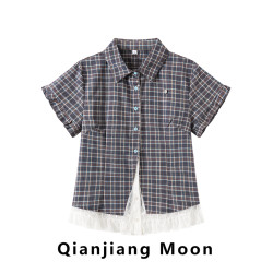 韓系格紋短袖襯衫女秋季新款拼接假兩件氣質polo領襯衣設計感上衣