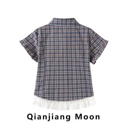 韓系格紋短袖襯衫女秋季新款拼接假兩件氣質polo領襯衣設計感上衣