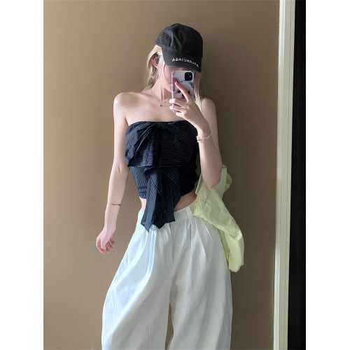 復古條紋蝴蝶結抹胸上衣設計感無袖襯衣