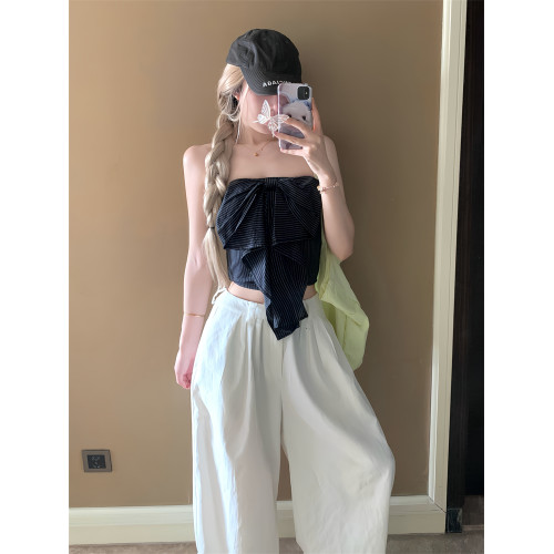 復古條紋蝴蝶結抹胸上衣設計感無袖襯衣