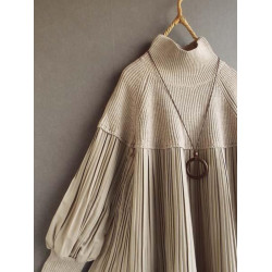 韓國東大門時尚秋冬新品燈籠袖赫本風高領針織拼接褶皺寬鬆襯衫女