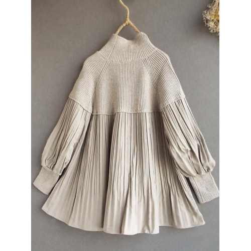 韓國東大門時尚秋冬新品燈籠袖赫本風高領針織拼接褶皺寬鬆襯衫女