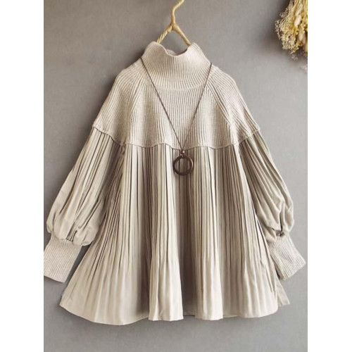 韓國東大門時尚秋冬新品燈籠袖赫本風高領針織拼接褶皺寬鬆襯衫女