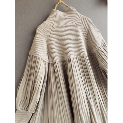 韓國東大門時尚秋冬新品燈籠袖赫本風高領針織拼接褶皺寬鬆襯衫女