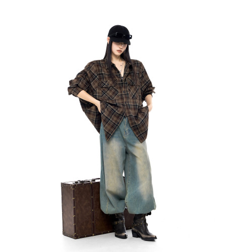 ICH MODE 美式復古寬鬆格子襯衫女春季新款慵懶襯衣外套休閒上衣