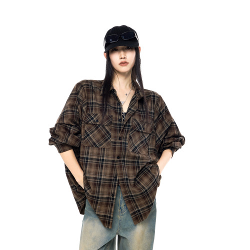 ICH MODE 美式復古寬鬆格子襯衫女春季新款慵懶襯衣外套休閒上衣
