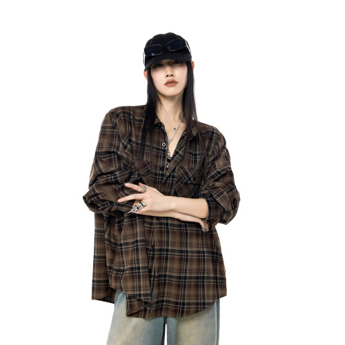 ICH MODE 美式復古寬鬆格子襯衫女春季新款慵懶襯衣外套休閒上衣