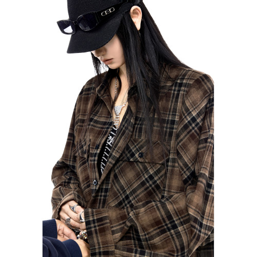 ICH MODE 美式復古寬鬆格子襯衫女春季新款慵懶襯衣外套休閒上衣