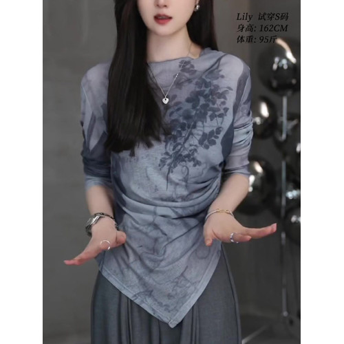 修身不規則水墨紥染長袖防曬衣2025夏季氣質優雅時尚t恤針織上衣