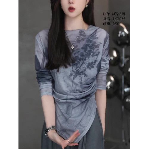 修身不規則水墨紥染長袖防曬衣2025夏季氣質優雅時尚t恤針織上衣