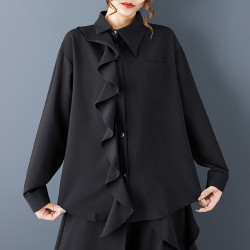 春秋新款暗黑風不規則單排釦襯衫時尚荷葉邊顯瘦襯衣+濶腿褲黑色