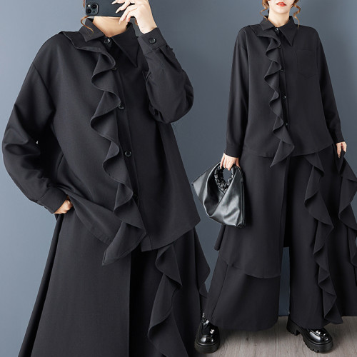 春秋新款暗黑風不規則單排釦襯衫時尚荷葉邊顯瘦襯衣+濶腿褲黑色