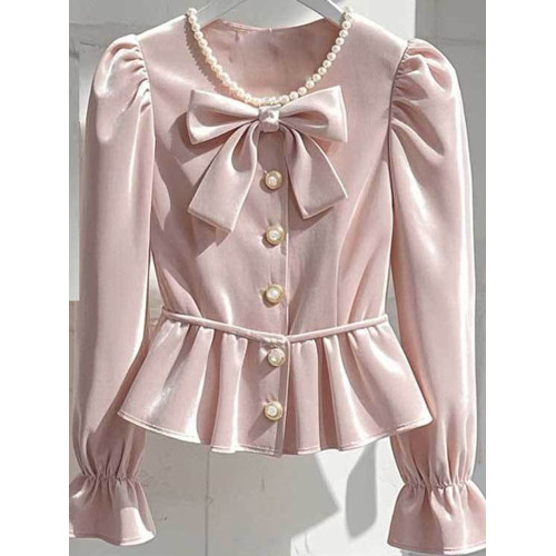 秋款小香風氣質輕高級粉色長袖襯衫法式溫柔名媛重工小衫襯衣外穿