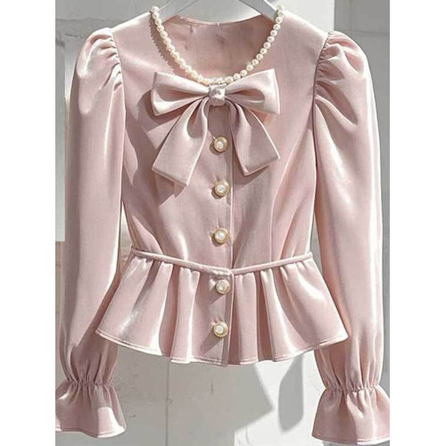 秋款小香風氣質輕高級粉色長袖襯衫法式溫柔名媛重工小衫襯衣外穿