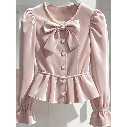 秋款小香風氣質輕高級粉色長袖襯衫法式溫柔名媛重工小衫襯衣外穿