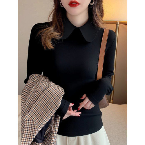 加厚襯衫弧形領淑女雙面德絨打底衫磨毛加厚T恤內搭曡穿繙領襯衣