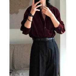 酒紅色襯衫港風時髦寬鬆打底巨顯白上衣秋冬新款燈芯絨長袖襯衣女