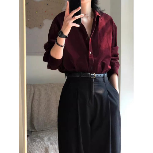 酒紅色襯衫港風時髦寬鬆打底巨顯白上衣秋冬新款燈芯絨長袖襯衣女