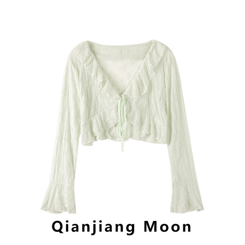 荷葉邊薄款針織開衫防曬衣女夏季2026年新款外搭罩衫系帶外套上衣