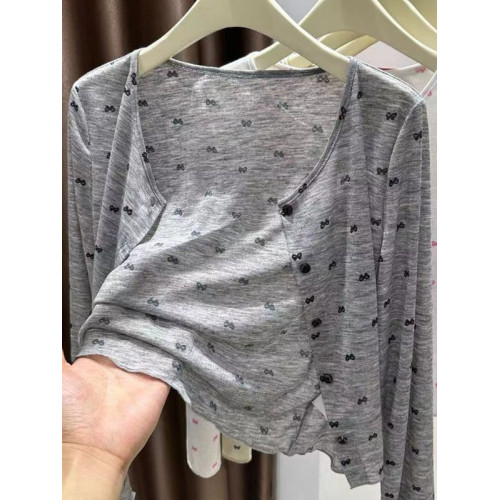 蝴蝶結印花針織開衫外套女秋季短款上衣防曬罩衫早秋外搭外套女