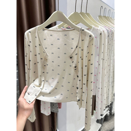 蝴蝶結印花針織開衫外套女秋季短款上衣防曬罩衫早秋外搭外套女