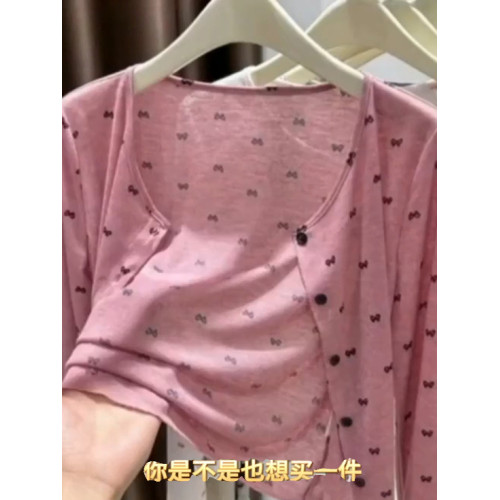 蝴蝶結印花針織開衫外套女秋季短款上衣防曬罩衫早秋外搭外套女