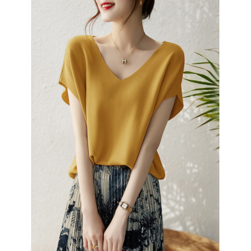 2025新款冰絲短袖V領女T恤寬鬆蝙蝠袖洋風新款上衣顯瘦針織衫女款