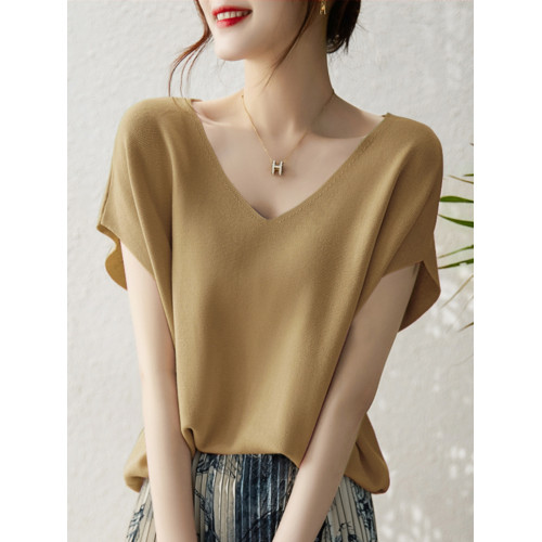 2025新款冰絲短袖V領女T恤寬鬆蝙蝠袖洋風新款上衣顯瘦針織衫女款