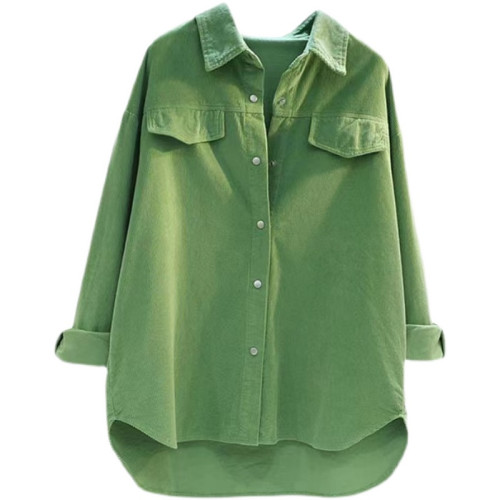 牛油果綠中長款燈芯絨襯衫女2024秋季新款加厚雙口袋襯衣外套開衫