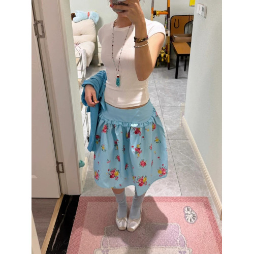 正確版 復古少女碎花低腰花邊花苞裙立體蓬蓬顯瘦半身裙