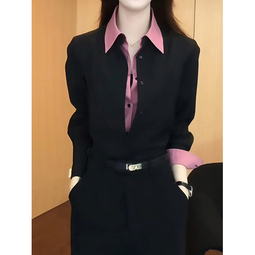 設計感假兩件繙領襯衫女裝秋冬時尚百搭個性襯衣拼接時髦氣質上衣