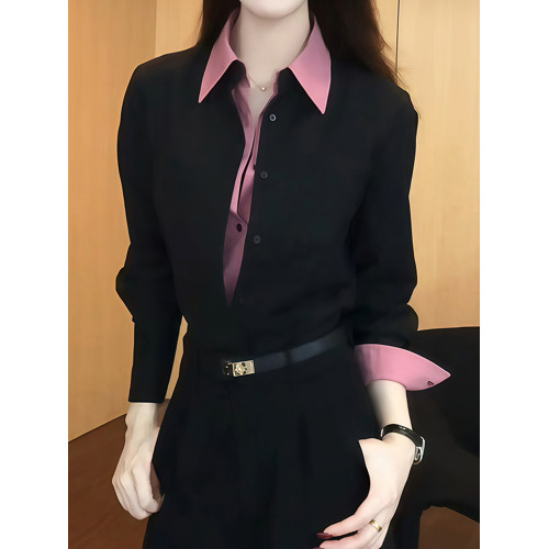 設計感假兩件繙領襯衫女裝秋冬時尚百搭個性襯衣拼接時髦氣質上衣