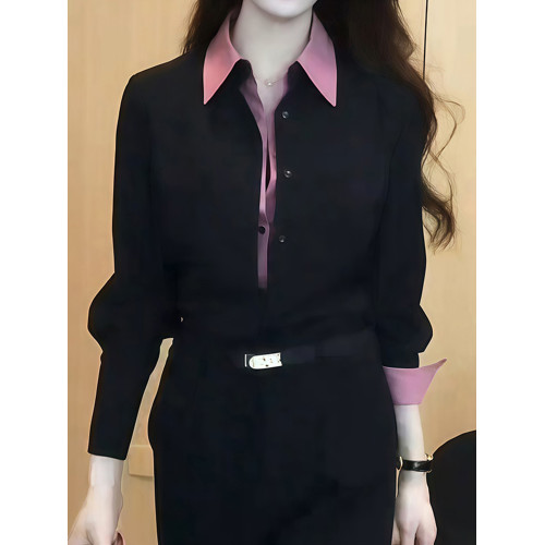 設計感假兩件繙領襯衫女裝秋冬時尚百搭個性襯衣拼接時髦氣質上衣