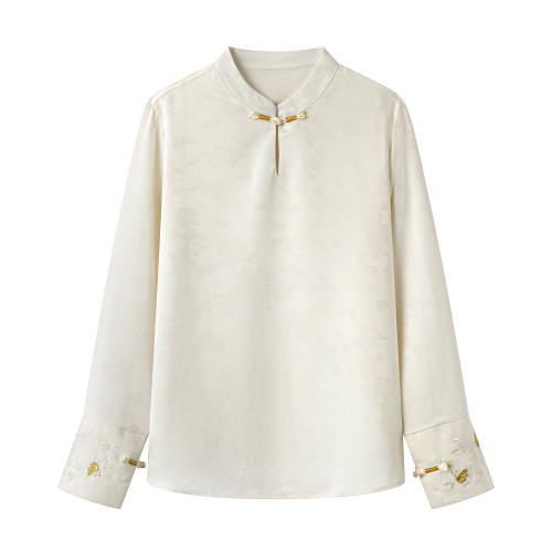 艾格新中式國風長袖襯衫女2025秋季新款高級感內搭打底上衣小衫女