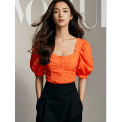 法式小資方領泡泡袖上衣減齡白色絕美小個子特別漂亮掐腰短款小衫