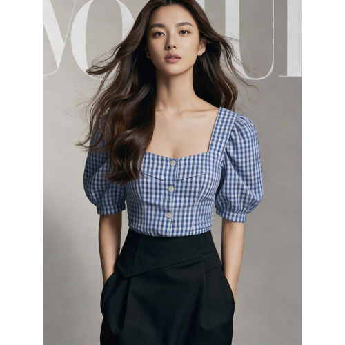 法式小資方領泡泡袖上衣減齡橘紅絕美小個子特別漂亮掐腰短款小衫