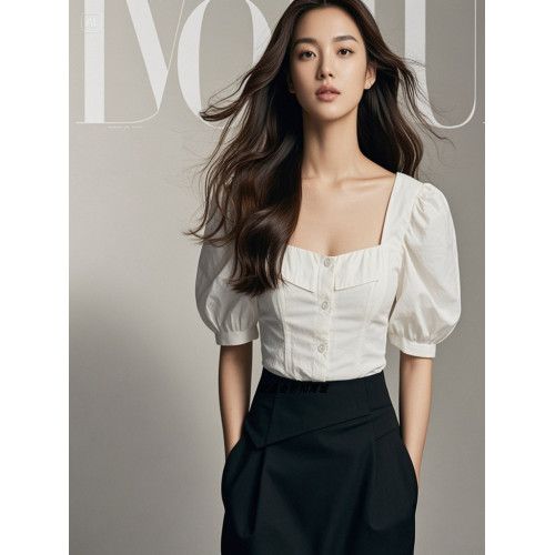 法式小資方領泡泡袖上衣減齡橘紅絕美小個子特別漂亮掐腰短款小衫