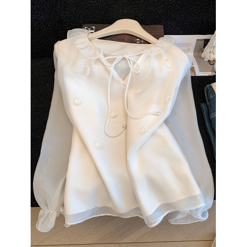 自畱款推薦～溫柔風立體花朵釘珠系帶襯衫女2026春季新款減齡上衣