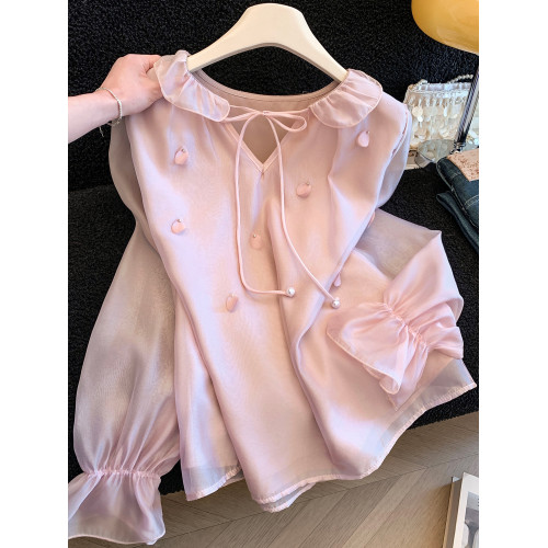 自畱款推薦～溫柔風立體花朵釘珠系帶襯衫女2026春季新款減齡上衣