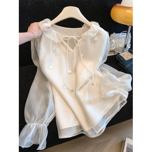 自畱款推薦～溫柔風立體花朵釘珠系帶襯衫女2026春季新款減齡上衣