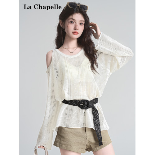 拉夏貝爾慵懶風露肩長袖針織2025夏季女新款辣妹寬鬆設計感上衣