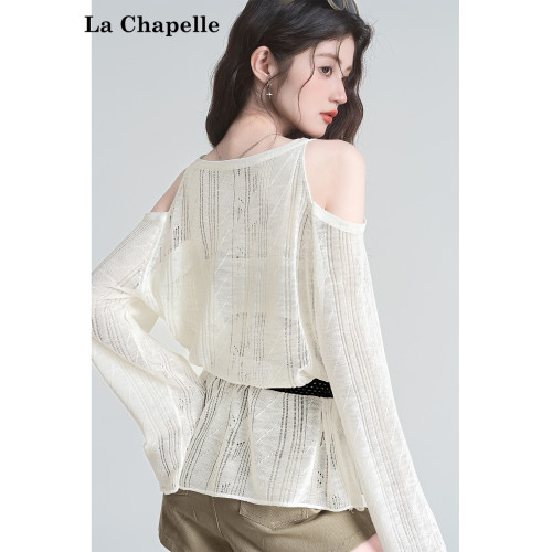 拉夏貝爾慵懶風露肩長袖針織2025夏季女新款辣妹寬鬆設計感上衣