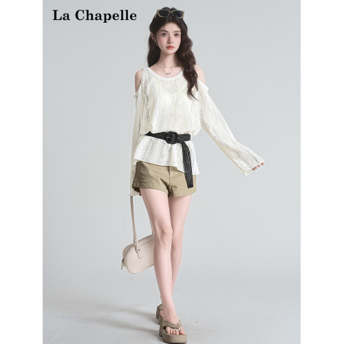 拉夏貝爾慵懶風露肩長袖針織2025夏季女新款辣妹寬鬆設計感上衣